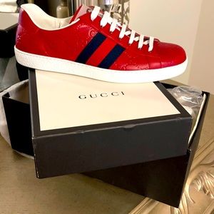 New Gucci Ace Gg Supreme Sneaker In Hibiscus Red Leather